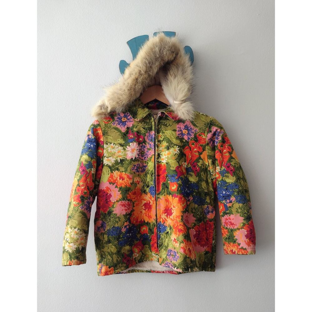 Rare Vintage 60s Saks Fifth Avenue Toddler Floral Hooded Spring Coat Fur Trim
